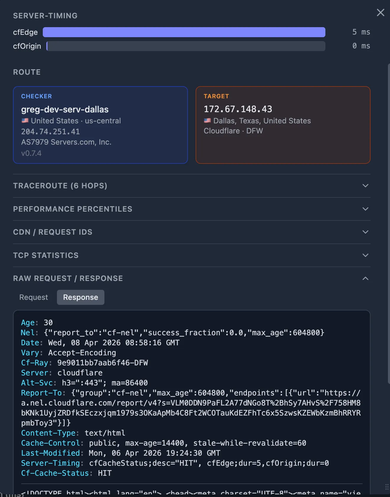 Cache HIT — Cf-Cache-Status: HIT, Server-Timing: cfCacheStatus;desc="HIT", cfEdge;dur=5, cfOrigin;dur=0, Age: 30