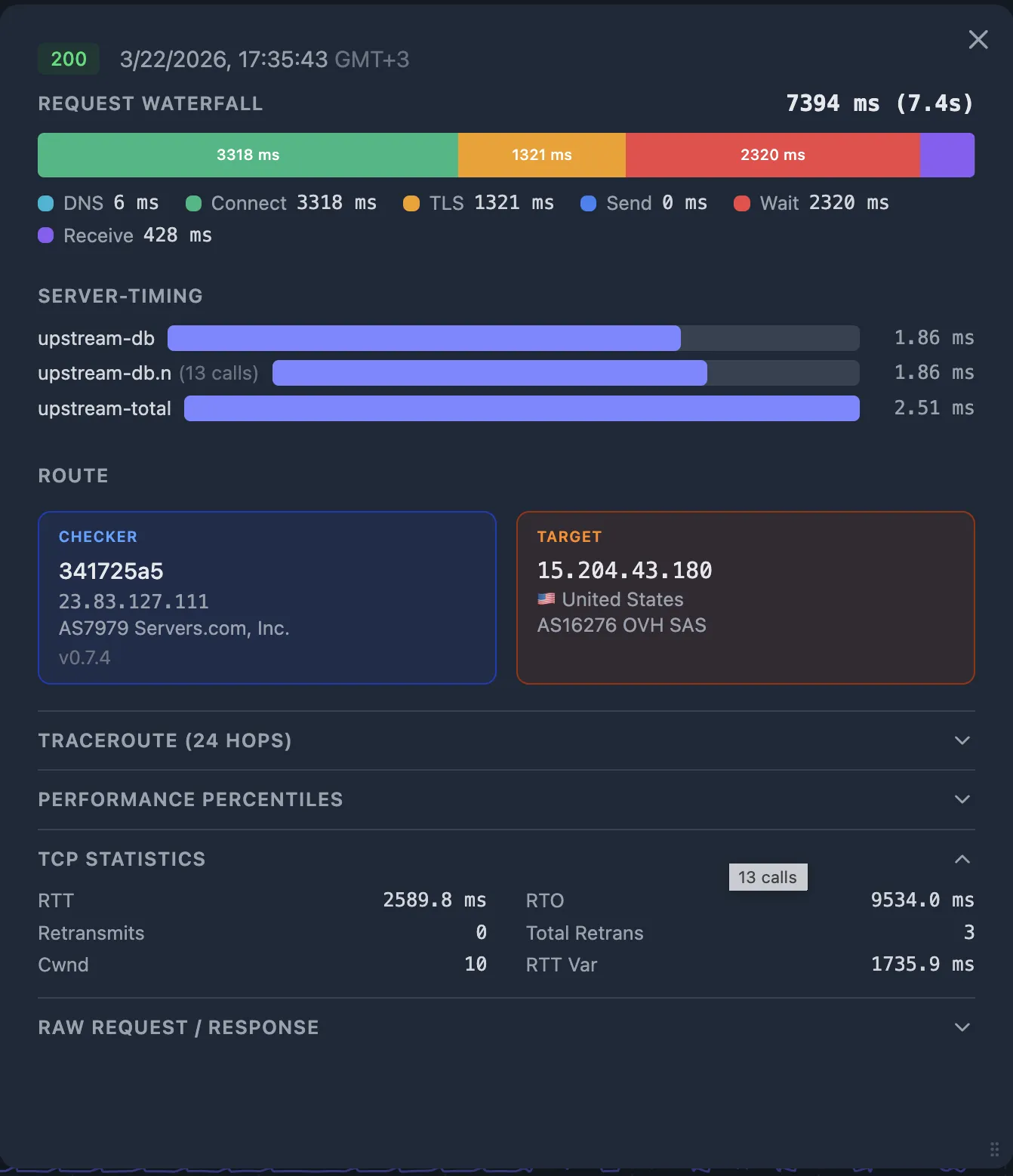Probe with RTT 2589 ms, RTO 9534 ms, Total Retrans 3 — Connect 3318 ms, TLS 1321 ms, total 7.4s, 24 hops traceroute